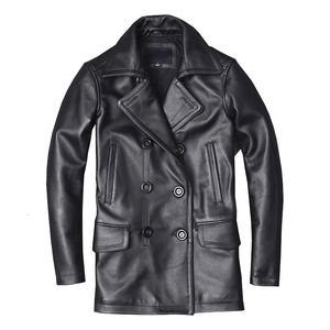 Men's Leather Faux Leather Men's Genuine Leather Jacket Male Cowhide Overcoat Autumn Winter Business Coat Trench Style Double Breasted Clothes Calfskin 231124