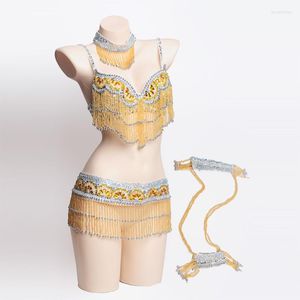 Stage Wear Women's Sexy Night Dance Carnival Tops Chain Beaded Belly Dancing Bra Belt Tribal Costume Set Clothes