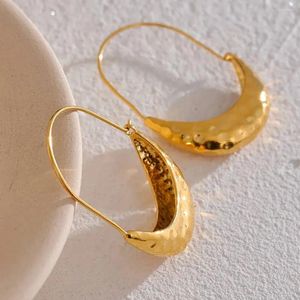 Hoop Earrings Trendy Golden Plated Textured Crescent For Women Stainless Steel Hammered Thick Hoops Long Hook