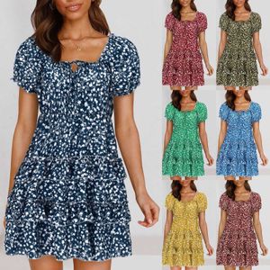 Casual Dresses Dresses for Womenn Plus Size Sexig Summer Pleated Sleeve Necklinje Print Dress Mini Dress Sundress Boho Autumn Dresses for Women 230424