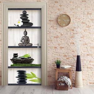 Heminredning DIY Dörrklistermärke Buddha Flower Stone Självhäftande dekalpapper för vardagsrum PVC Vattentät 3D Print Sticker Art T200252K