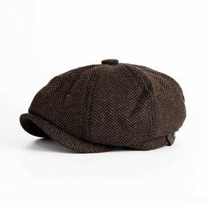 Berets New Men Cap Berets Retro Peaky Blinders Wool Blend Herringbone Tweed Newsboy Hat Octagonal Tweed Blend Casal Flat Cap Hats 702