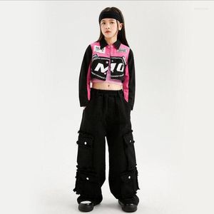 Scene Wear Kids Hip Hop Clothing Pink Racing Shirt Crop Tops Streetwear Baggy Cargo Pants For Girls Teenage Jazz Dance Costumes kläder