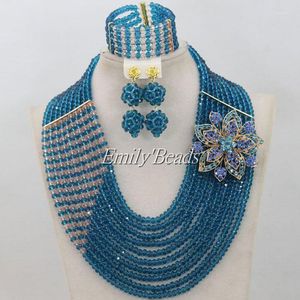 Brincos de colar Conjunto 2023 Últimas contas de noiva africanas azul azul/rosa jóias de cristal nigeriano aij533