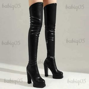 Boots 2021 Women Over the Knee Boots Platform Square High Heel Ladies Thigh Boots Faux Suede Side Zipper Round Toe Women's Boots Black T231124