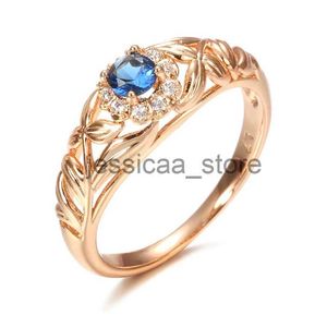 Anelli a fascia Kinel Blu Zircone naturale 585 Oro rosa RHollow Fiore di cristallo Sposa etnica Anelli per le donne Gioielleria raffinata vintage J231124