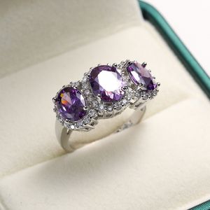 Cluster Rings Cute Female Purple Crystal Stone Ring Charm Silver Color Wedding Rings For Women Dainty Bride Oval Zircon Engagement Ring 230424