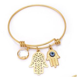 Charme Pulseiras Evil Eye Fátima Mão Charme Pulseiras Ajustáveis de Aço Inoxidável Cudd Bangle Turco Lucky Protection Pulseira Jóias Dh3Yo