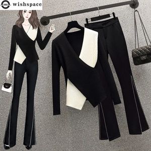 Kvinnors tvåbitar byxor Summer Elegant Set Fashion Black and White Stitched Chiffon Coat Two Piece Kvinnlig blus 231123