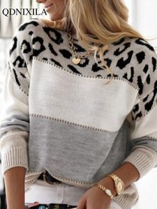Suéteres femininos 2023 outono inverno cor leopardo impressão suéter malha manga longa top coreano moda streetwear oversized vintage pulôver 231123