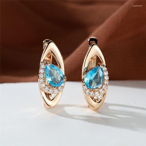 Hoop Earrings Cute Female Aqua Blue Zircon Luxury Crystal Water Drop Stone Champagne Gold Color Wedding For Women