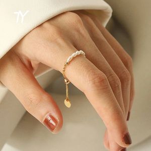 Band Rings French Simple Retro Pearl Chain Pull Justering Guldfärgflicka S eleganta tillbehör Fashion Finger Jewelry for Woman 231123