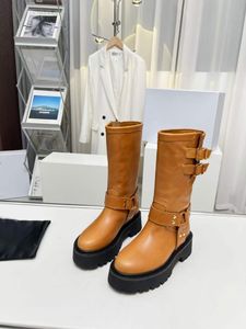 2024 Роскошные женские длинные сапоги Высокие ботинки Montezu Италия Модные платформы Водонепроницаемые черные коричневые кожаные ботинки с двойными пряжками Дизайнерские классические зимние длинные ботинки идеи