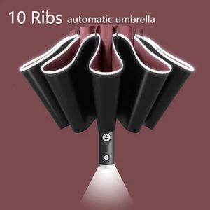 Guarda-chuvas guarda-chuva UV totalmente automático com lanterna LED faixa reflexiva reverso grande para chuva sol isolamento térmico guarda-sol 231123