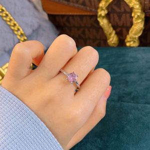 Cluster Rings Luxury Round Pink Single Zircon for Women Elegant Bride Engagement Wedding Ring Anniversary Valentine's Day Gift Jewelry