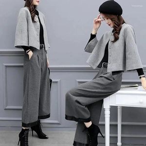 Kvinnors tvådelade byxor Set 2023 Autumn och Winter Woolen Female Short Coat Wide Leg Casual Fashion for Women Stor storlek