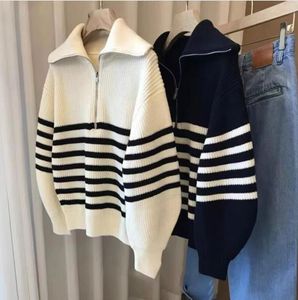 Tote-m * e large lapel sweater for women's fashionable half zipper high neck striped sweater for autumn and winter loose fitting pullover sweater