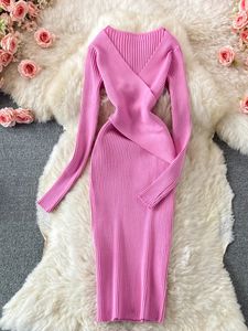 Basic Casual Dresses YuooMuoo Autumn Winter 2023 Women Dress Elegant Cross V neck Slim Waist Knitted Bodycon Korean Office Lady Vestidos 231123