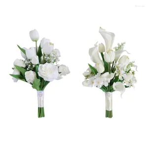 Fiori decorativi Y1UU Rose Calla Lily Bouquet artificiale Rustico Vintage damigella d'onore con fiore