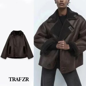 Women s Jackets TRAF ZR Winter Coat for Women Thick Faux Leather Fur Sheepskin Lapel Zipper Pu Jacket Lady Warm Motorcycle 231124