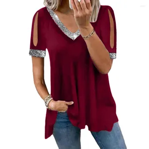 Camicette da donna 2023 Camicie casual estive Camicetta a maniche corte larghe con spalle scoperte Moda Donna Gioventù Scollo a V Top Abbigliamento Elegante 25076