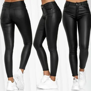 Kvinnors byxor Autumn High midja för kvinnor 2023 Elegant casual -knapp solid pu läder leggings mode mångsidiga y2k blyertsbyxor