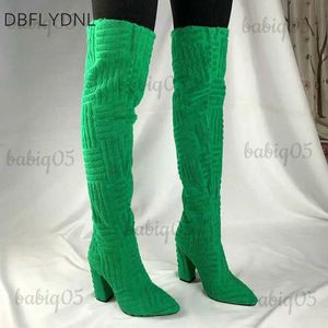 Botas verdes 2022 novas mulheres sobre o joelho botas sexy dedo apontado dedo do pé quadrado senhoras coxa botas de alta qualidade design da marca botas femininas t231124