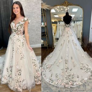 2023 Boho Lace Wedding Dress with Cap Sleeves, Plunging V-Neck, Open Back and Chapel Train for Beach or Garden Nuptials