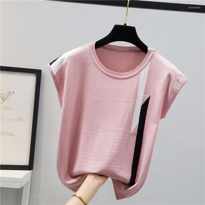 Women's Blouses 2023 Summer Ice Silk Knit Tops Casual Women Shirt Loose Solid Short Sleeve Knitted Blouse Woman Fashion Office Lady Blusas