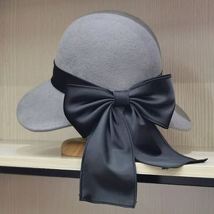 Chapéus de balde largura chapéus de inverno chapéu redondo para mulheres chapéus de fedora fedora quente bim bim bim fita browknot hat vestido de igreja feltro chapéu de balde 230422