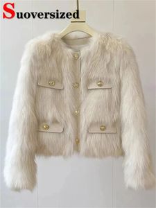 Women's Wool Blends Korean Short Faux Fur Jackets Vintage Slim Imitate Fox Furs Coats Warm Fashion Autumn Winter Jaqueta Women Luxury Furry Casaco 231123