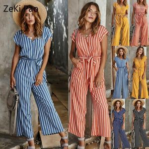 Women's Jumpsuits & Rompers 2023 Spring And Summer Casual Jumpsuit Striped Printed V-neck Lace-up Sexy Elegant Fashion Temperament Commuter