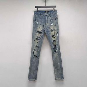 Roupas de grife Calças jeans Amiiri Salpicado Ink Hole Blue Jeans Feito à mão Faca Corte Danificado Rua Principal Elástico Lavagem com Água Usado Ajuste Justo Calças Rasgadas Desgastadas