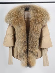 여자 모피 가짜 모피 느슨한 천연 진짜 여우 모피 칼라 코트 두꺼운 유럽 패션 화이트 오리 다운 재킷 겨울 여자 따뜻한 고급 겉옷 231123
