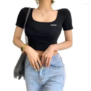 Women's T Shirts Short Sleeved T-Shirts Square Neck Midriff-baring Exposed Clavicle