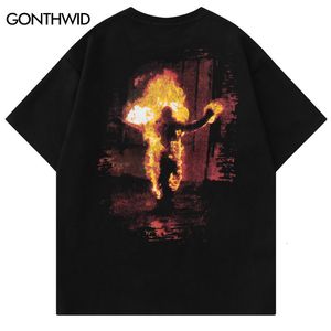 Men S T Shirts Harajuku Suede Tshirt Hip Hop Bordado de bordado Chama Burning Graphic Printed Punk Streetwear camiseta 2023 Men Fashion