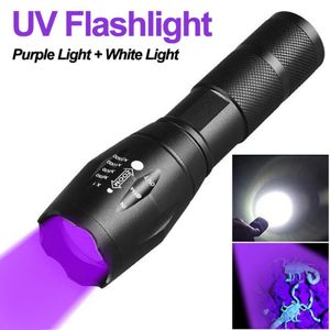 Purple White Dual Lights Flashlight Ultraviolet Torch Zoom Retractable UV Flashlight Fluorescent Agent Detection Lighting Lamp