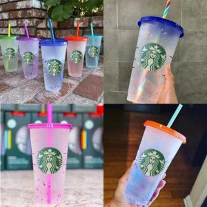 Starbucks Cups Kahve Tumbler 710ml 24oz Renk Değiştiren Kupalar Kapaklar ve Pipetler ile Satılık Özel Konfeti Şeffaf İçme Düz Dip