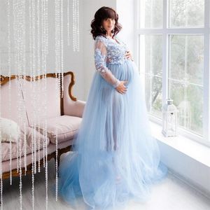 Party Dresses A Line Sky Blue Prom Tulle Maternity Robes V Neck Lace Applique Poshoot Gowns Fluffy Nightgown Dress