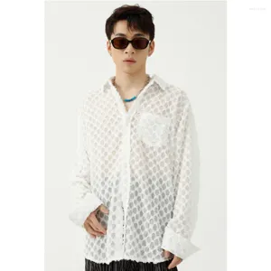 Men's Casual Shirts 2023 Mens Sexy White Checked See Through Lace Shirt Loose Fit Transparent Dress Party Club Event Top Blouse