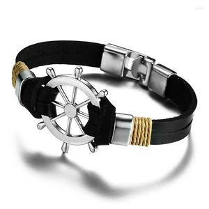 Charm Bracelets Vintage Black Brown Alloy Rudder Bracelet Trendy Leather Rope Anchor Ship Braided For Men Fashion Jewelry