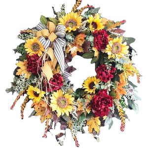 Faux Floral Greenery 40cm Artificial Hanging Sunflower Wreath Country French Wreath Fake Flower Welcome Sign Garland Front Door Decor for Home Party 231123