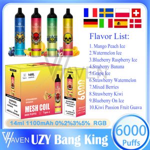 Authentischer UZY Bang King 6000 Puff Einweg-Vape-Stift, 14 ml vorgefüllte Pod-Mesh-Spule, 1100 mAh wiederaufladbarer Akku, 0 % 2 % 3 % 5 % Level E-Zigarette, 10 Geschmacksrichtungen