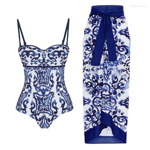 Women's Swimwear One Piece Women Beachwear Swinsuit 2023 Tong Blue White Print Bathing Suit Female Polyester Swimsuit Ladies For High