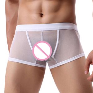 Homens sexy boxer shorts ver através de malha roupa interior transparente u troncos convexos respirável calcinha de seda ultra fino macio hombre