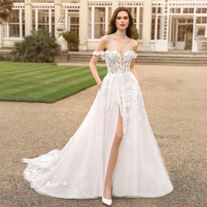 Hochzeitskleid Wunderschöne abnehmbare Gurte Spitzenkleider A-Line High Split Bridal Gown Custom Made White Braut Robe de Mariee