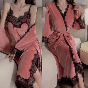 Kvinnors sömnkläder kvinnor varm velor hemkläder rosa badrock set cami vinter mantel dräkt loungewear sexig nattklänning lång kimono