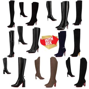 2024 Дизайнерская женская обувь с коробкой Красные зимние женские сапоги Сапоги выше колена Дизайнерские туфли на высоком каблуке Леди Сексуальная зимняя черная кожа