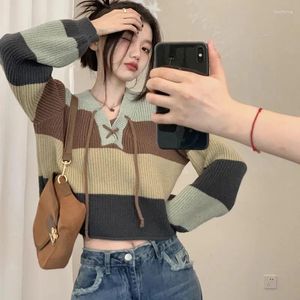 Suéteres femininos Biyaby Contraste Lace-Up V-Neck Sweater Senhoras Estilo Preppy Básico Manga Longa Pulôveres de Malha Mulheres 2023 Outono Solto