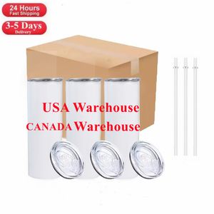 US /CA Local Warehouse Sublimation Blanks Mugs 20oz Stainless Steel Straight Tumblers White Tumbler with Lids and Straw Heat Transfer Cups Water Bottles 0424